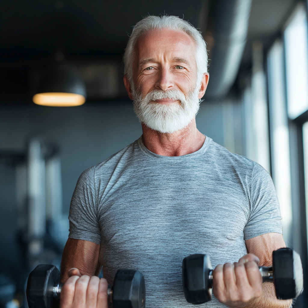 Confident elderly European woman in fitness attire smiling while holding dumbbells in a modern gym