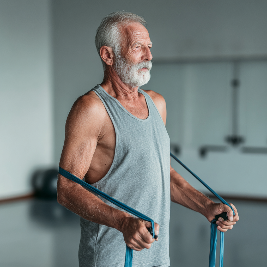 Elderly European man performing resistance training with resistance bands, smiling confidently in a bright fitness studio