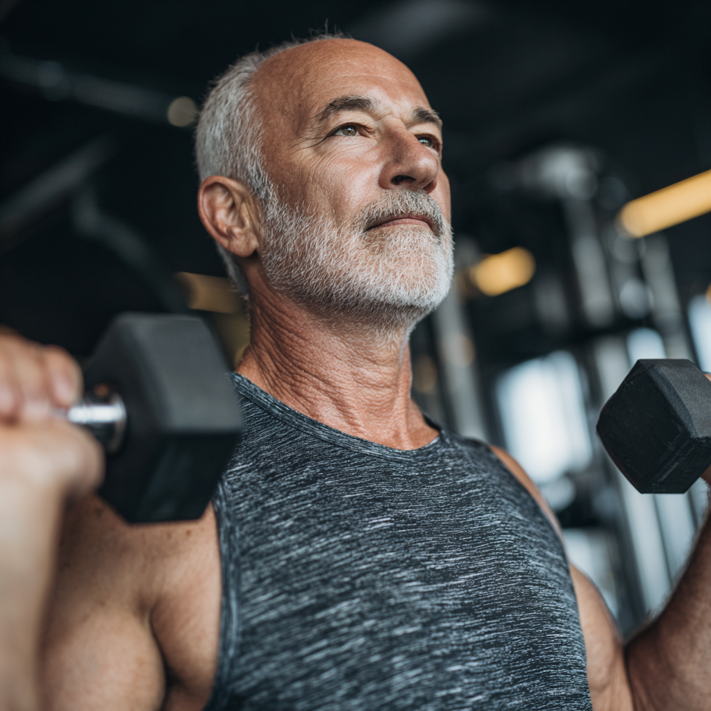 Group of diverse elderly European people smiling after a successful fitness session, showing satisfaction and energy in a modern wellness center